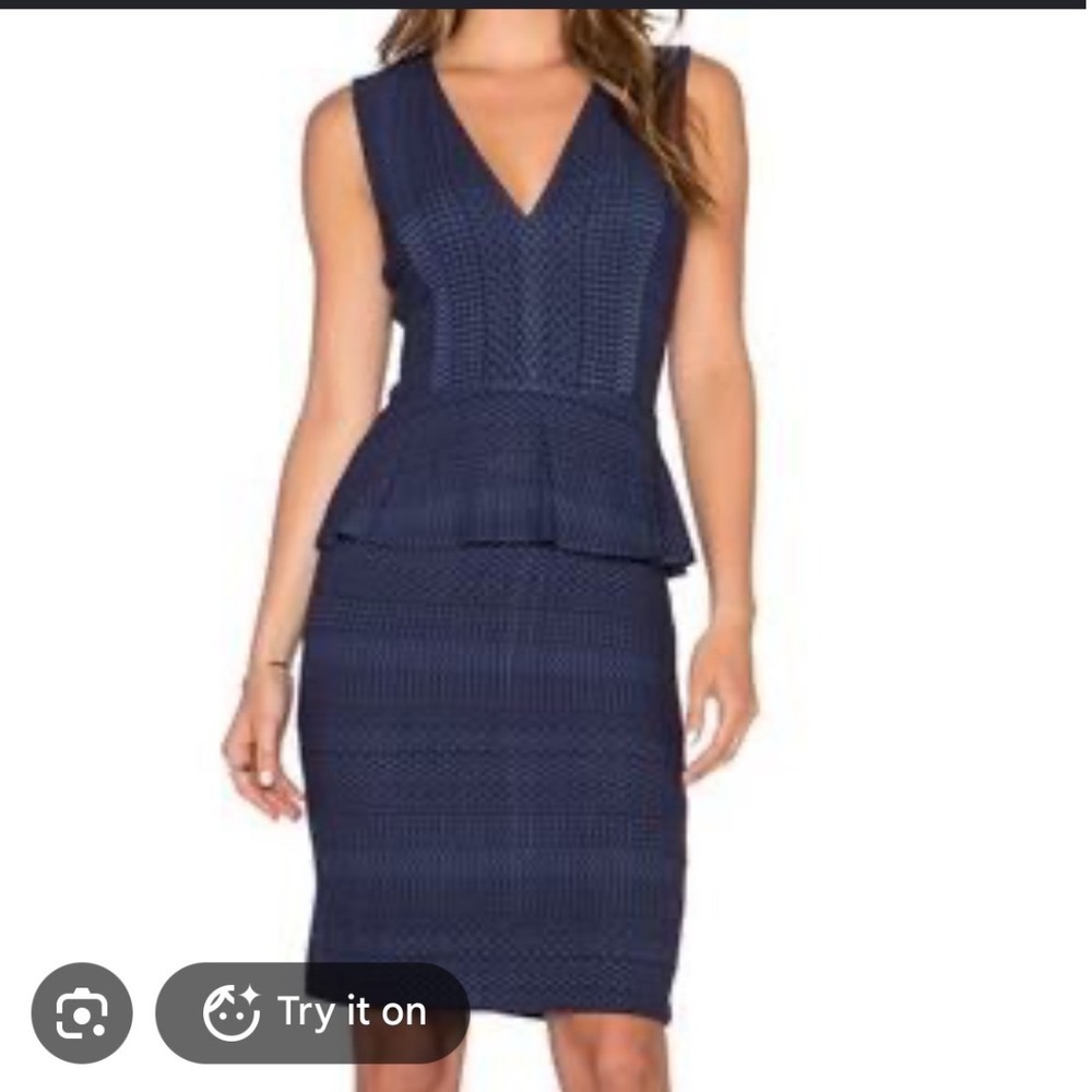 BCBGMAXAZRIA Navy Blue Textured Jacquard Peplum V-Neck Sheath Dress Medium